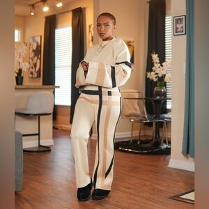 Beige Wide-Leg Knit Pantsuit with Stripe Detail